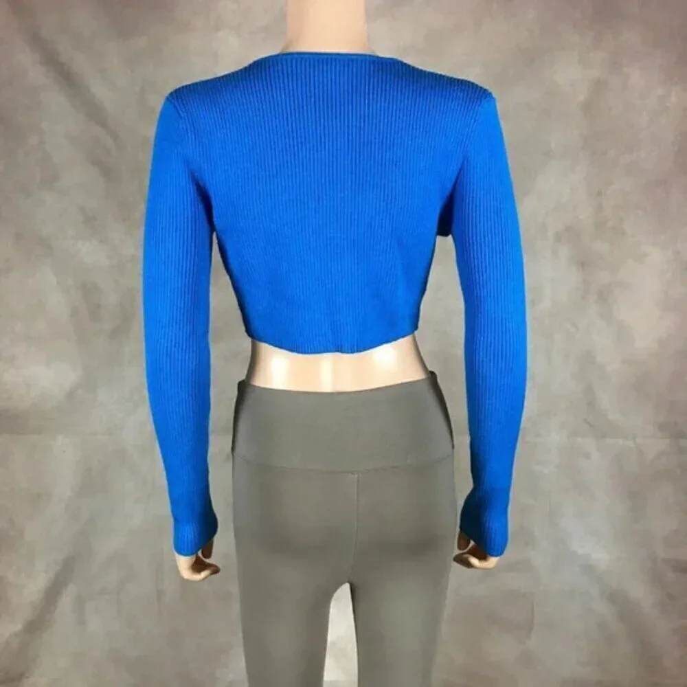 ZARA Blue Tie Front Rib Knit Crop Top Size Large